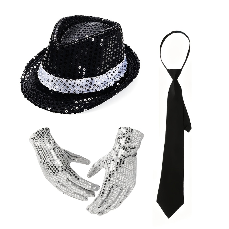 TEMU 3pcs Rock Music Costume Suitable For - Sequin Hat, Gloves & Black Tie Dress Up Outfit For Halloween, Carnival, Christmas Parties, Masquerade