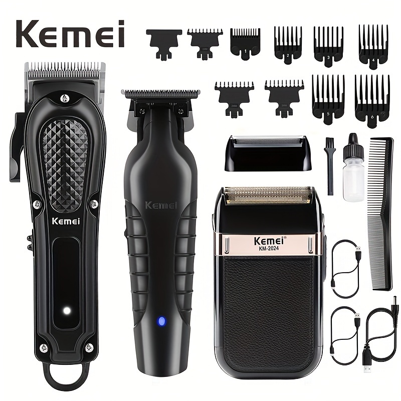 

Kemei 3pcs/1 Set Professional Men's Hair Clipper And Beard Trimmer Set Reciprocating Shaver Suitable For Home And Salon Use Ideal Holiday Gift For Dad