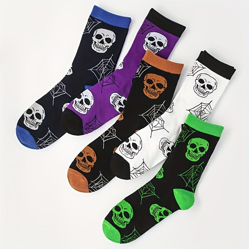 

5pcs Women' Skull & Spider Web Halloween Mid-calf Socks - Breathable Polyester , Casual Attire, Halloween Clothes