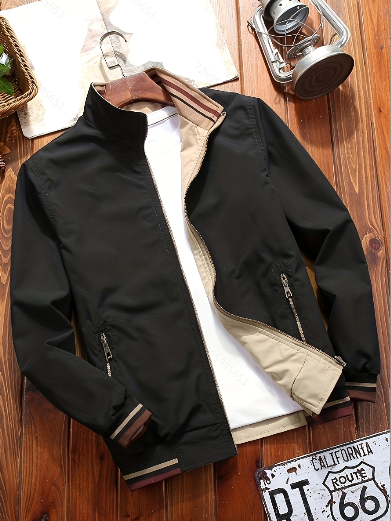 Chaqueta deportiva para hombre con cierre de doble cremallera, diseño holgado y cuello alto, bolsillos y forro de poliéster, ideal para actividades al aire libre en primavera y otoño, tela duradera
