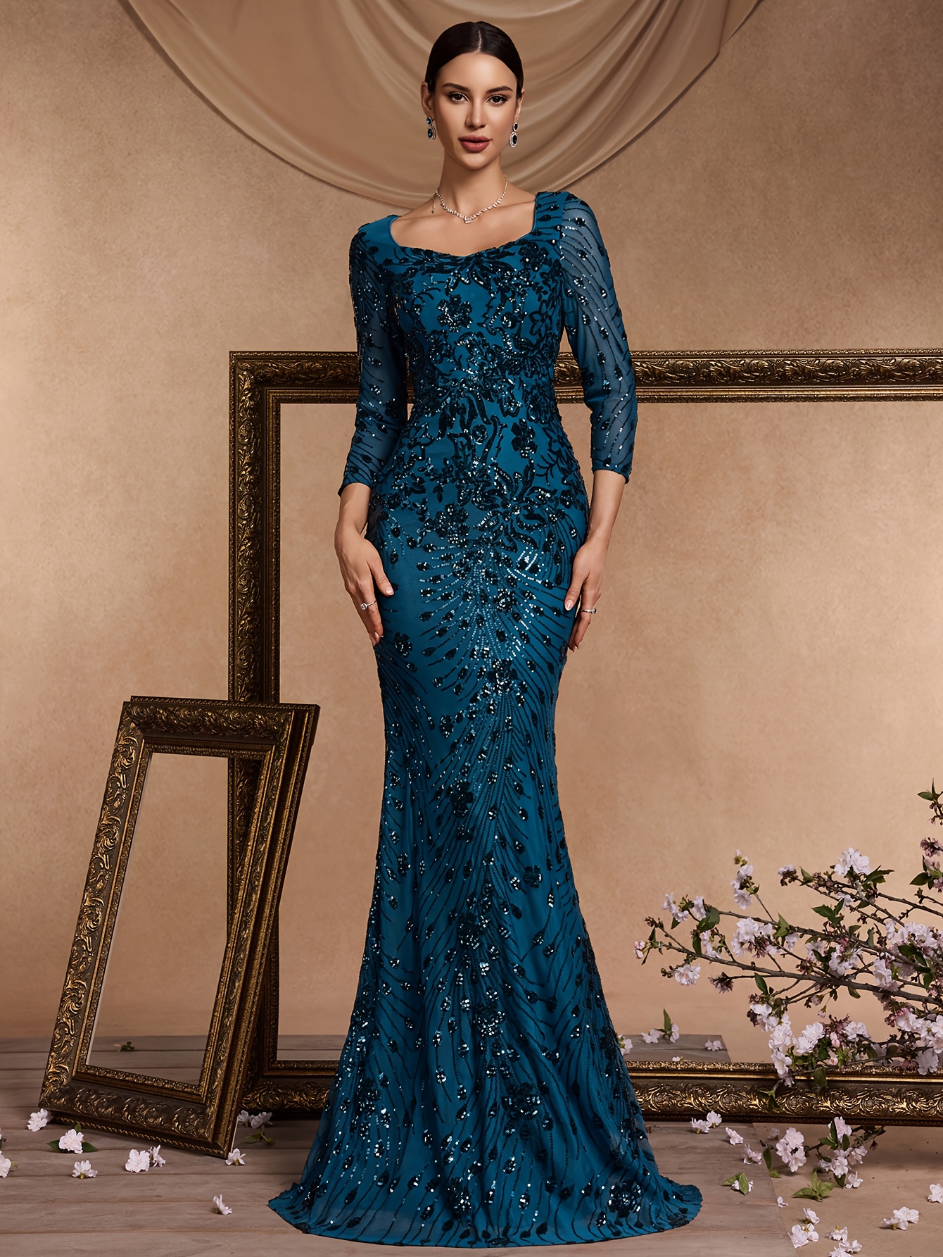 Artikelbild elegantes damen-sequins-meerjungfrauen-abendkleid mit funkelndem fischschwanz-schleier – langärmliges abendkleid für hochzeiten, bälle  