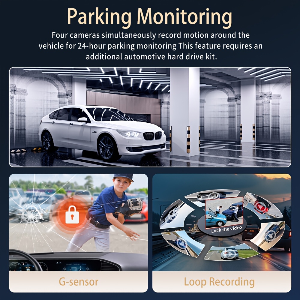 32GB 4-Lens Car Dashboard Video Cam, FHD1080P Dash Cam for Cars, Front, Rear, Left And Right, with 8IR Night Vision, Loop Recording, 170° Wide Angle Car DVR Camera