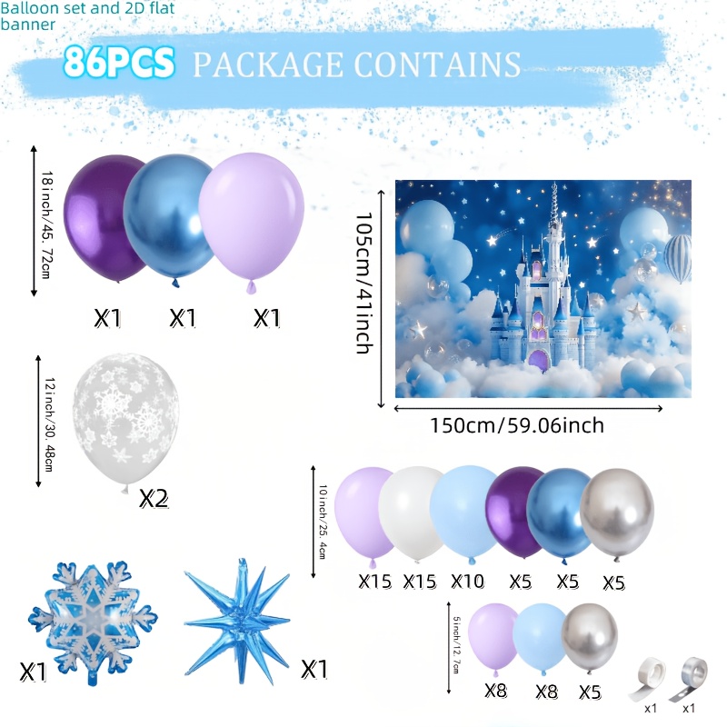86pcs Fairy Tale Castle Backdrop Blue Purple Snowflake Balloon Garland For Kids Birthday Party Decorations