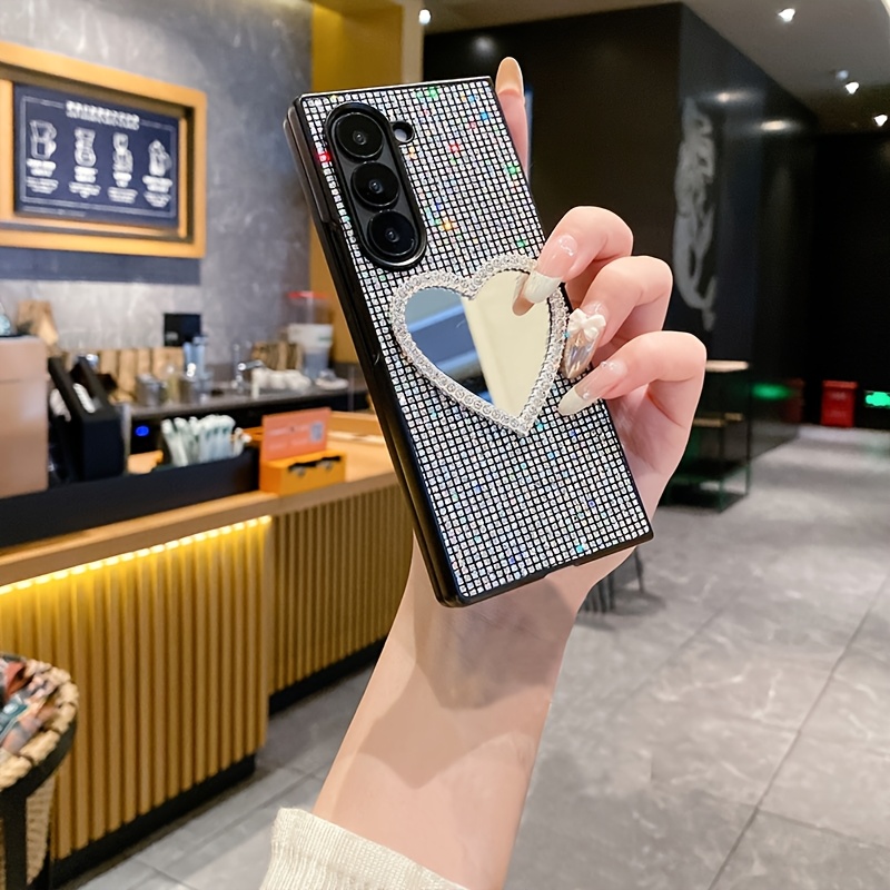 TEMU Phone Case - Stylish Luxury Color Glitter Sequins Pearl Bow Love Mirror Cute Makeup Mirror For Galaxy Z Fold3/4/5/6 Durable Hard Pc Phone Case