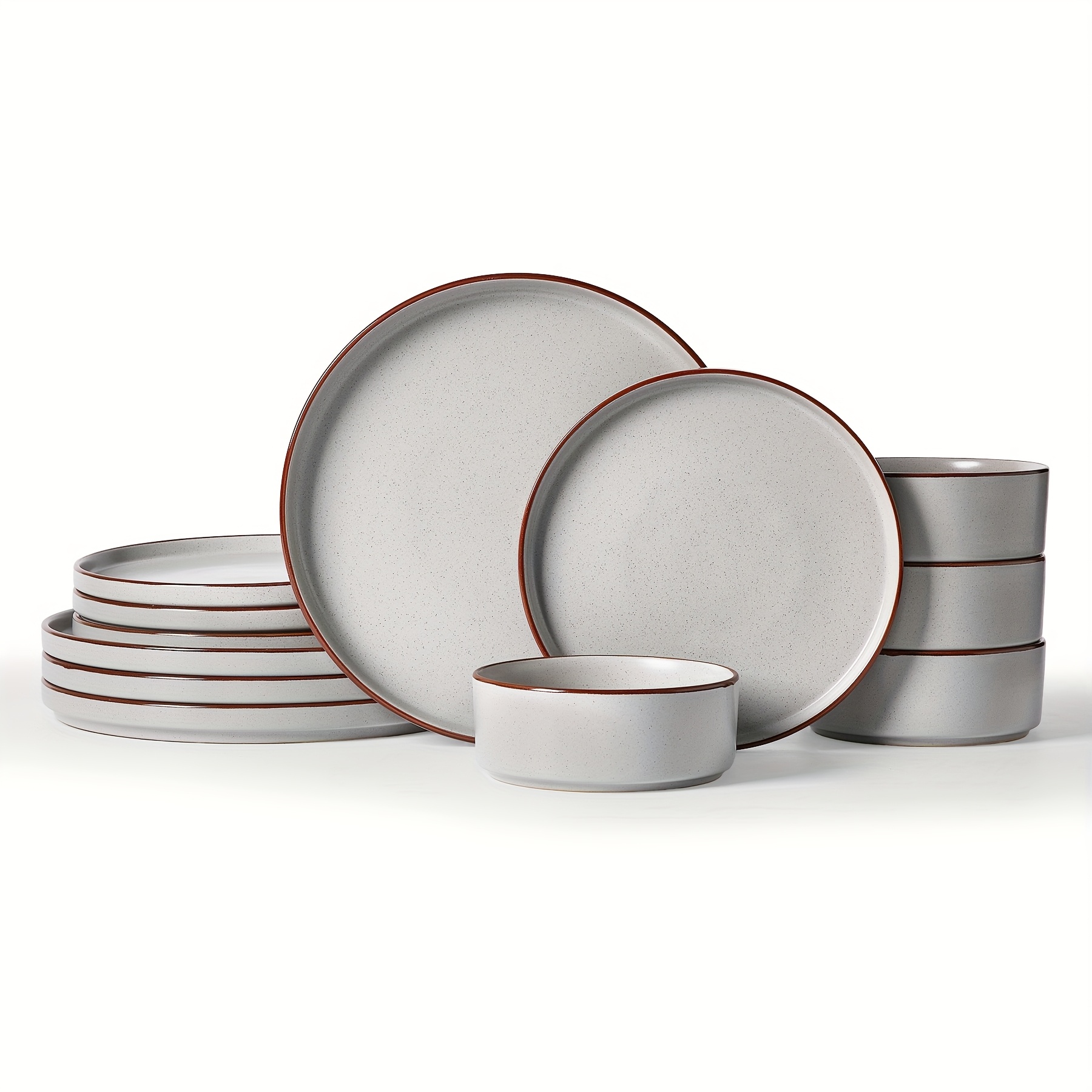 12pcs Plates And Bowls Set, Stoneware Dinnerware Sets For 4, With Unique Rim, Multicolor