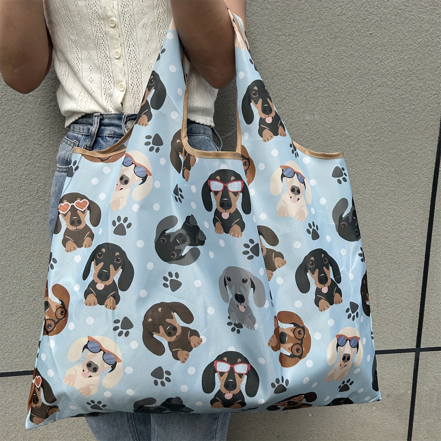 

Cartoon Dog Head Print Folding Lightweight Tote Bag For Men Women, Reusable Large Capacity Portable Shopper, Grocery Handbag Shoulder Bag