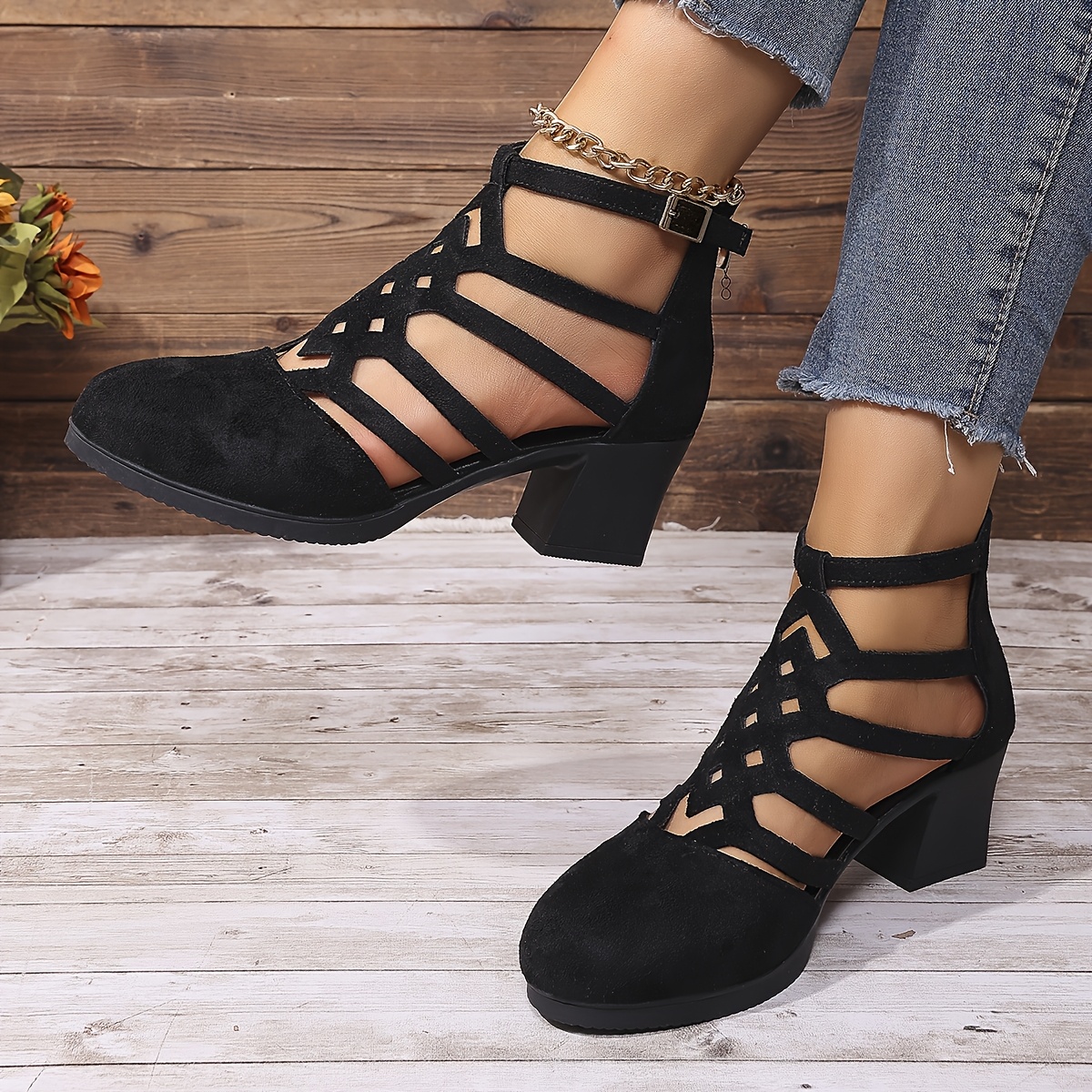 TEMU Women's Black Chunky Heel Strappy Sandals, Round Toe Hollow-out Single Strap Mid-heel Shoes, Versatile For Commuting, Comfortable And