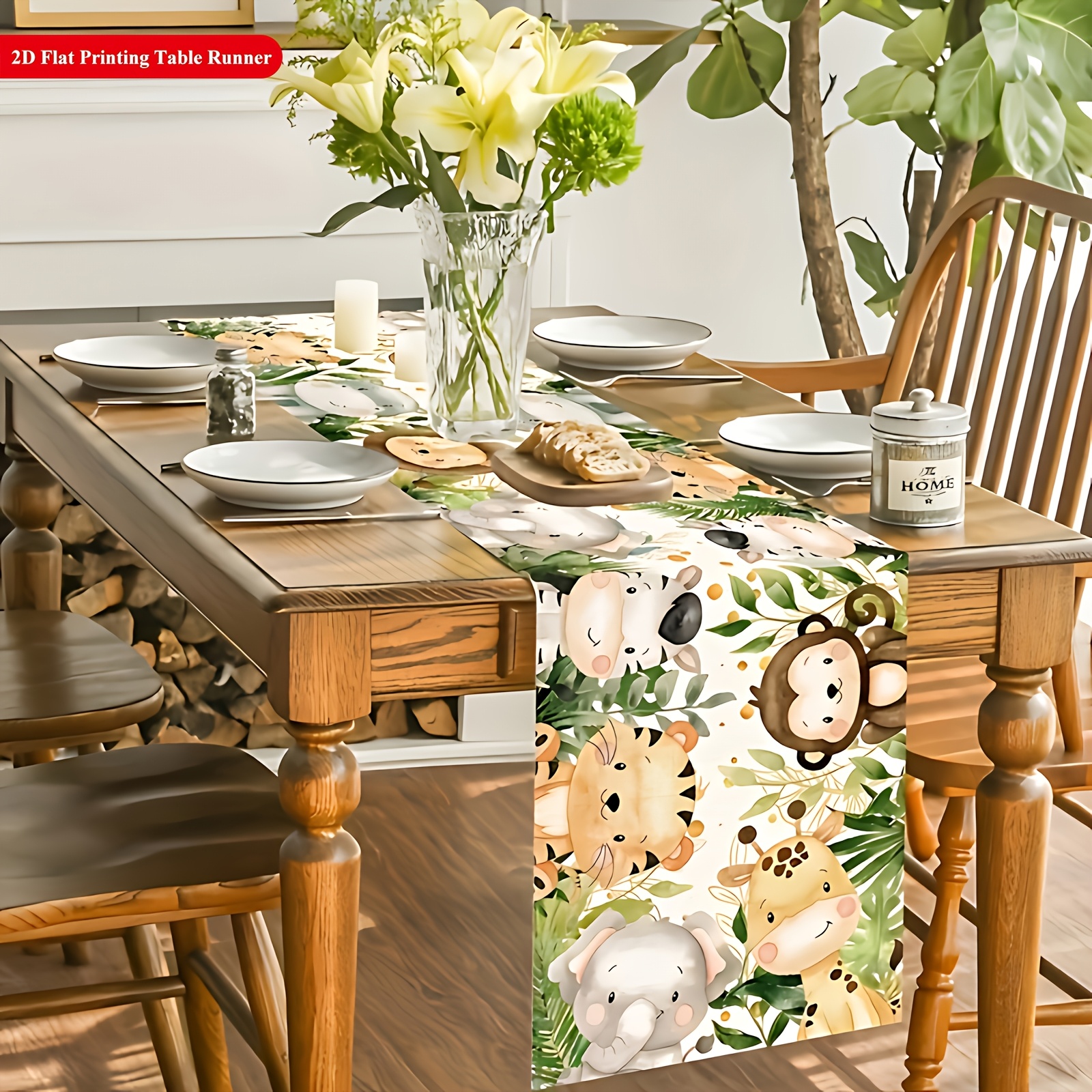 Image of 1pc Jungle Animal Print Table Runner - Polyester, Cute Cartoon Zebra With Vibrant Plants For Spring Decorations Kids Parties Themed Events | Fantasy Animals Theme