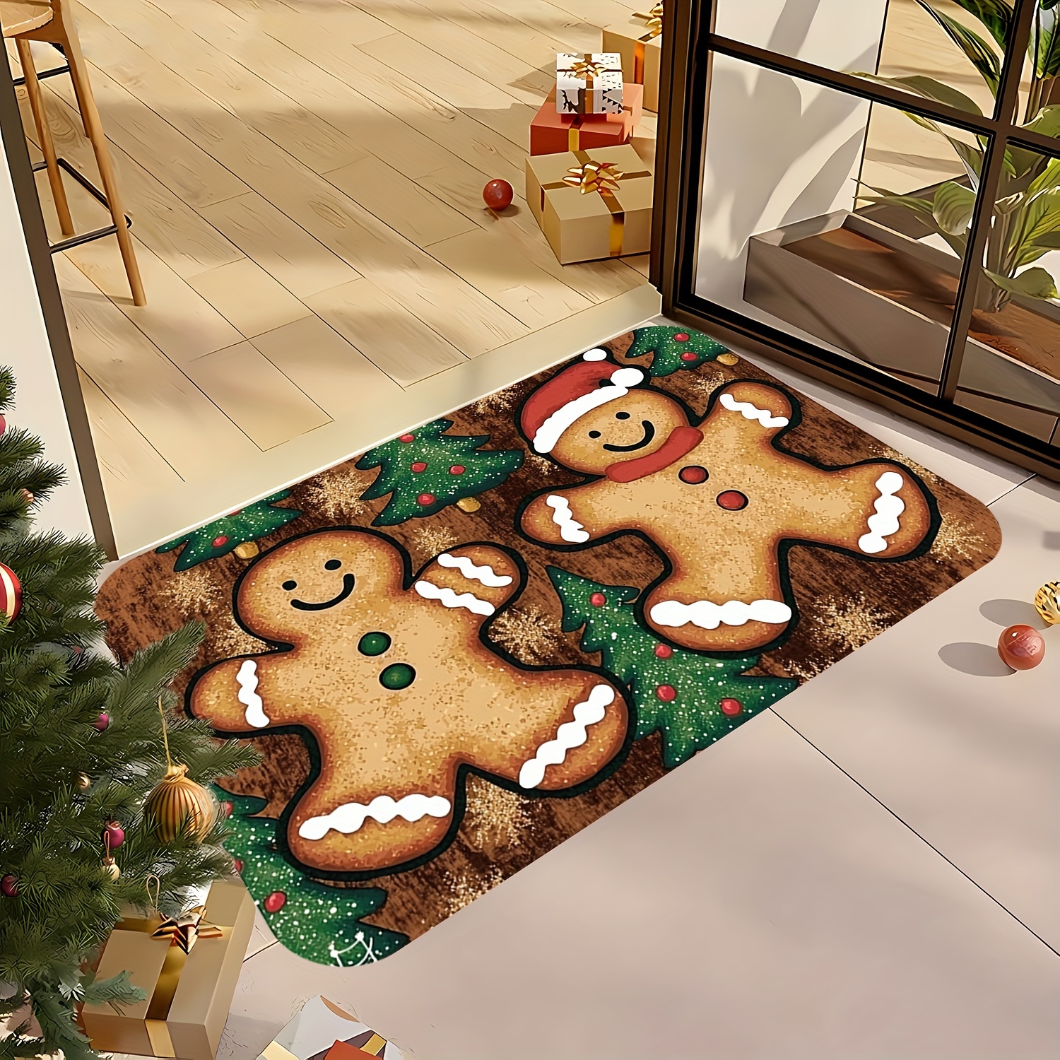 

Christmas Gingerbread & Tree Door Mat - Non-slip, Easy Clean, Stain Resistant, Machine Washable Flannel Memory Foam Rug For Living Room, Bedroom, Kitchen, Office & Vacation Home Decor