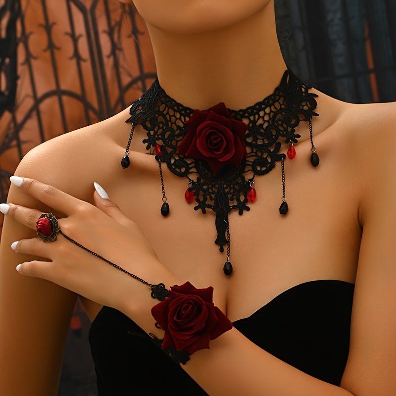 

Gothic Punk Style Lace Flower Bracelet Necklace Set For Women, 2pcs Jewelry Gift