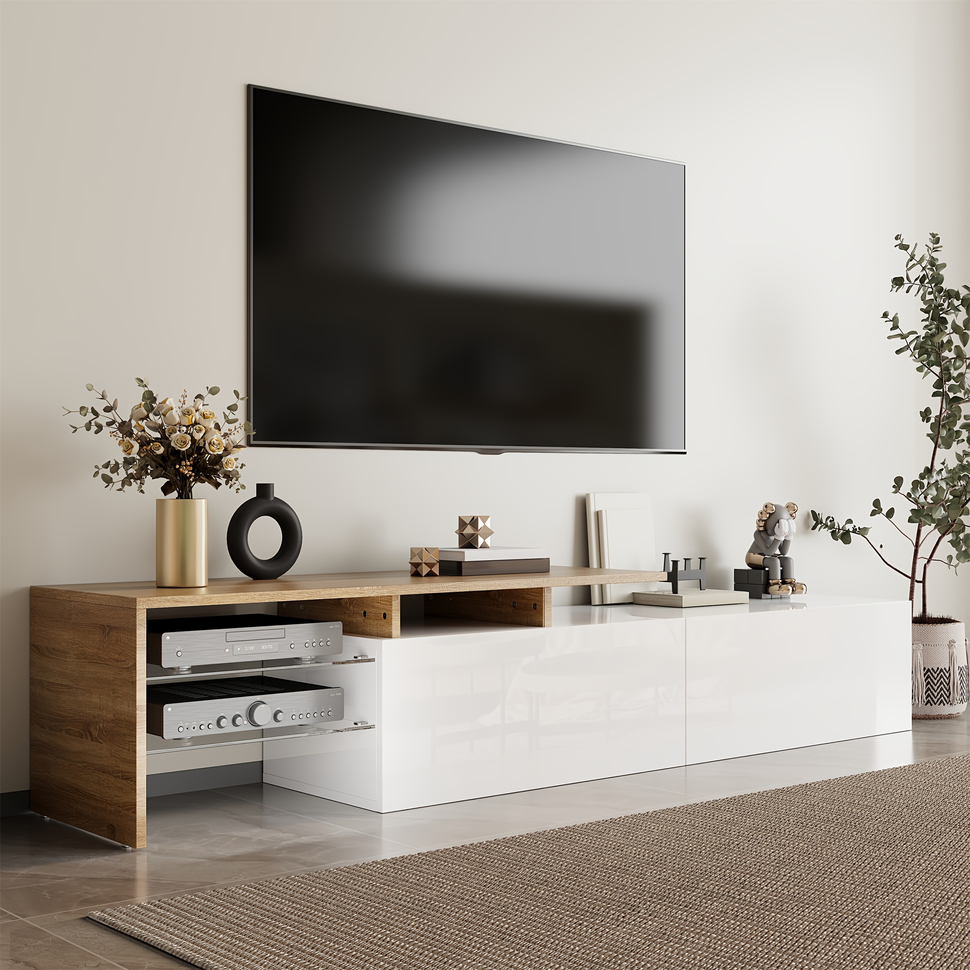 Modern Tv Stand Compatible For Tvs - High-gloss Glass Cabinet With Shelves, Assembly, Wood-free, For Small Spaces -…: retailer-supplied image