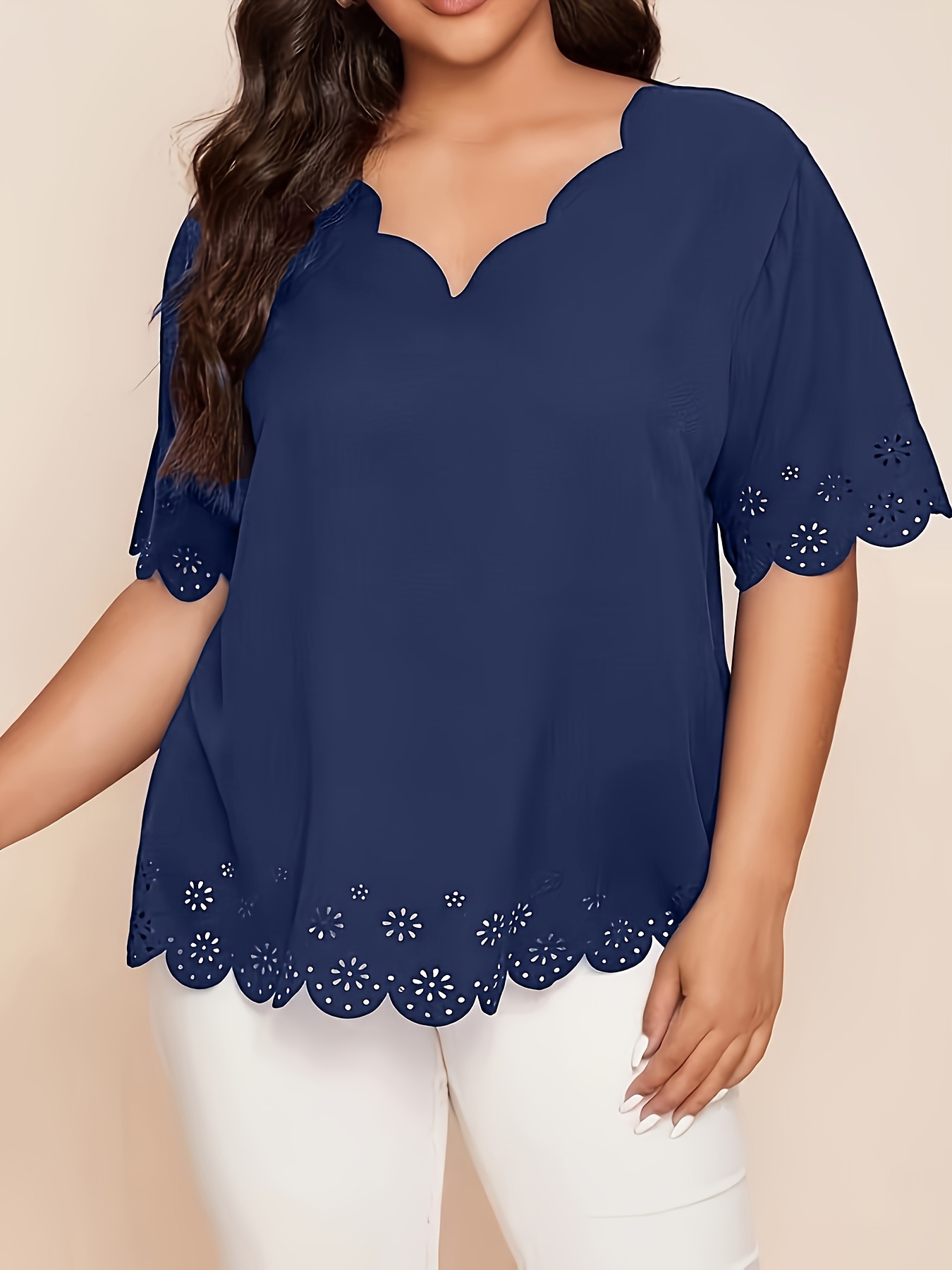 Plus Size Elegant V-Neck Blouse with Short Puff Sleeves - Navy Blue, Lace Embroidery Detail, Non-Stretch Fabric, All-Season Shirt for Women, Casual Attire|Vneck Blouse|Lace Embroidery