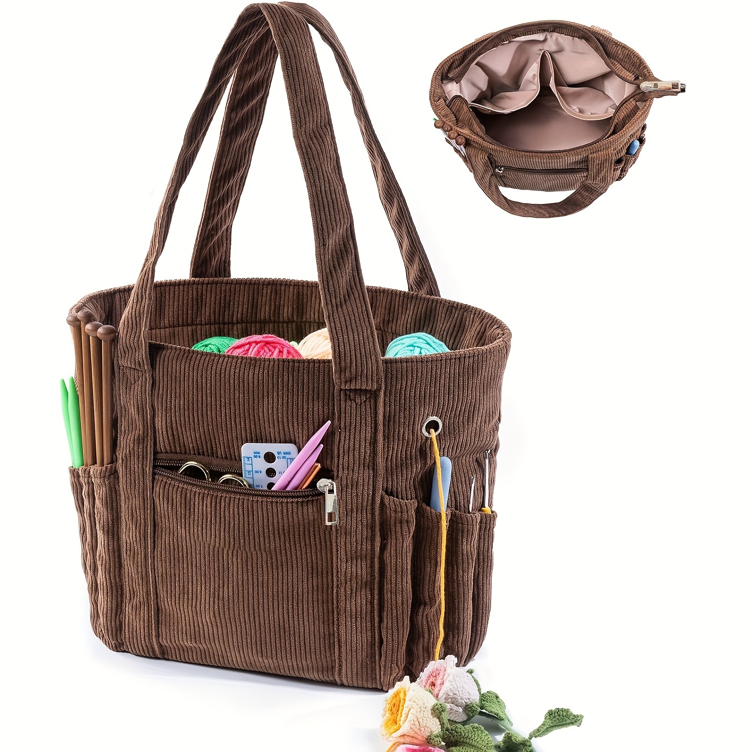 

Organisateur de sac en crochet velours , rangement de avec des poches pour aiguilles à crochet et accessoires, cadeau pour les .