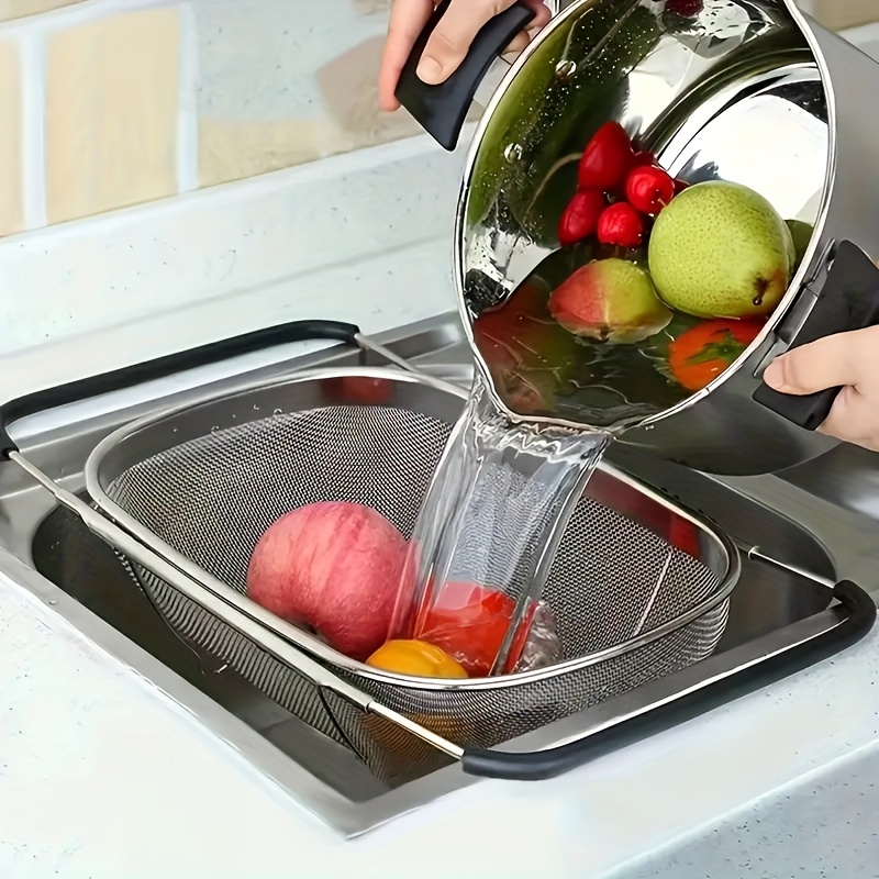 large stainless steel sink strainer basket with extendable handle multi purpose draining and storage   metal filter for fruits and vegetables kitchen essential vegetable washing basket modern kitchenware durable kitchen item vegetable   Product details 4