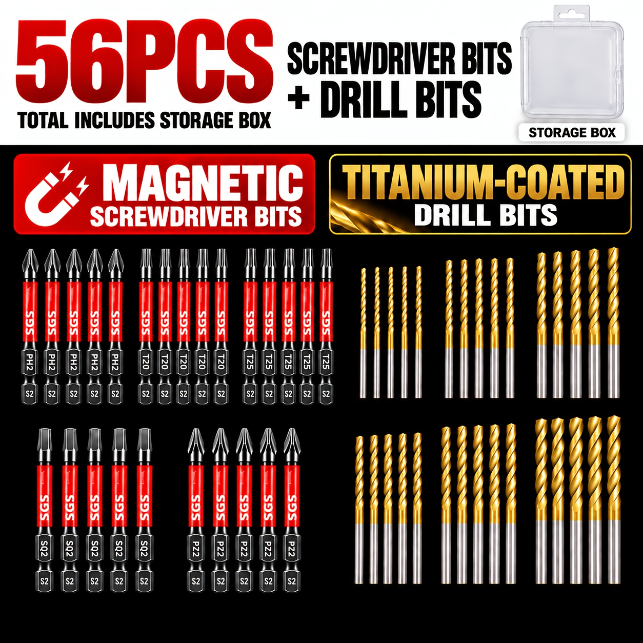 TEMU 56pcs Magnetic Screwdriver Bits And Coated Twist Drill Bit Set (includes 55pcs Tools And 1pc Storage Box), 50mm S2 Bits Ph2/pz2/t20/t25/sq2,