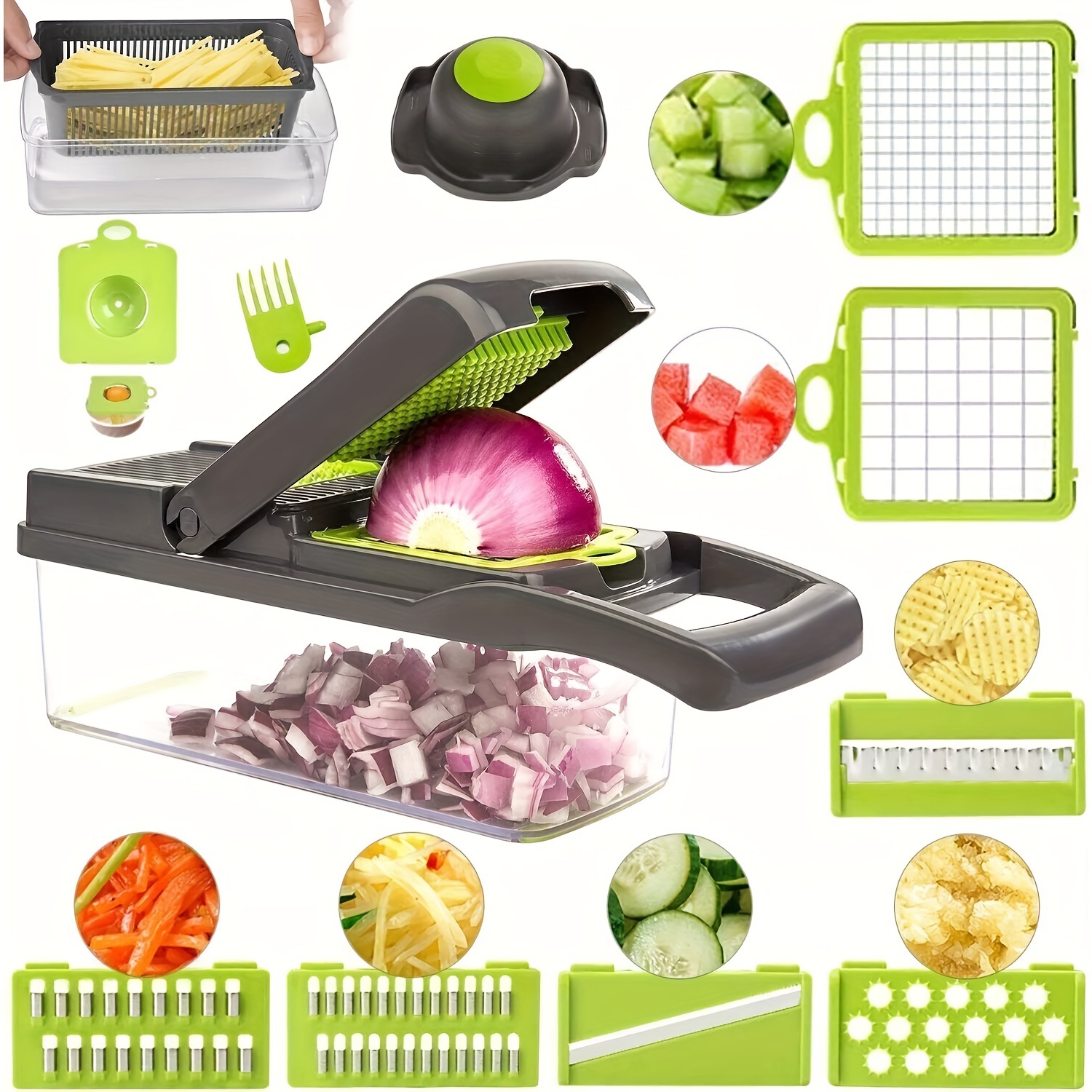 

15-piece Multifunctional Kitchen Chopper Set - Vegetable Slicer, Fruit Cutter, Onion Mincer, Potato , Manual Food Grater With Container - , Meal Prep, And Kitchen