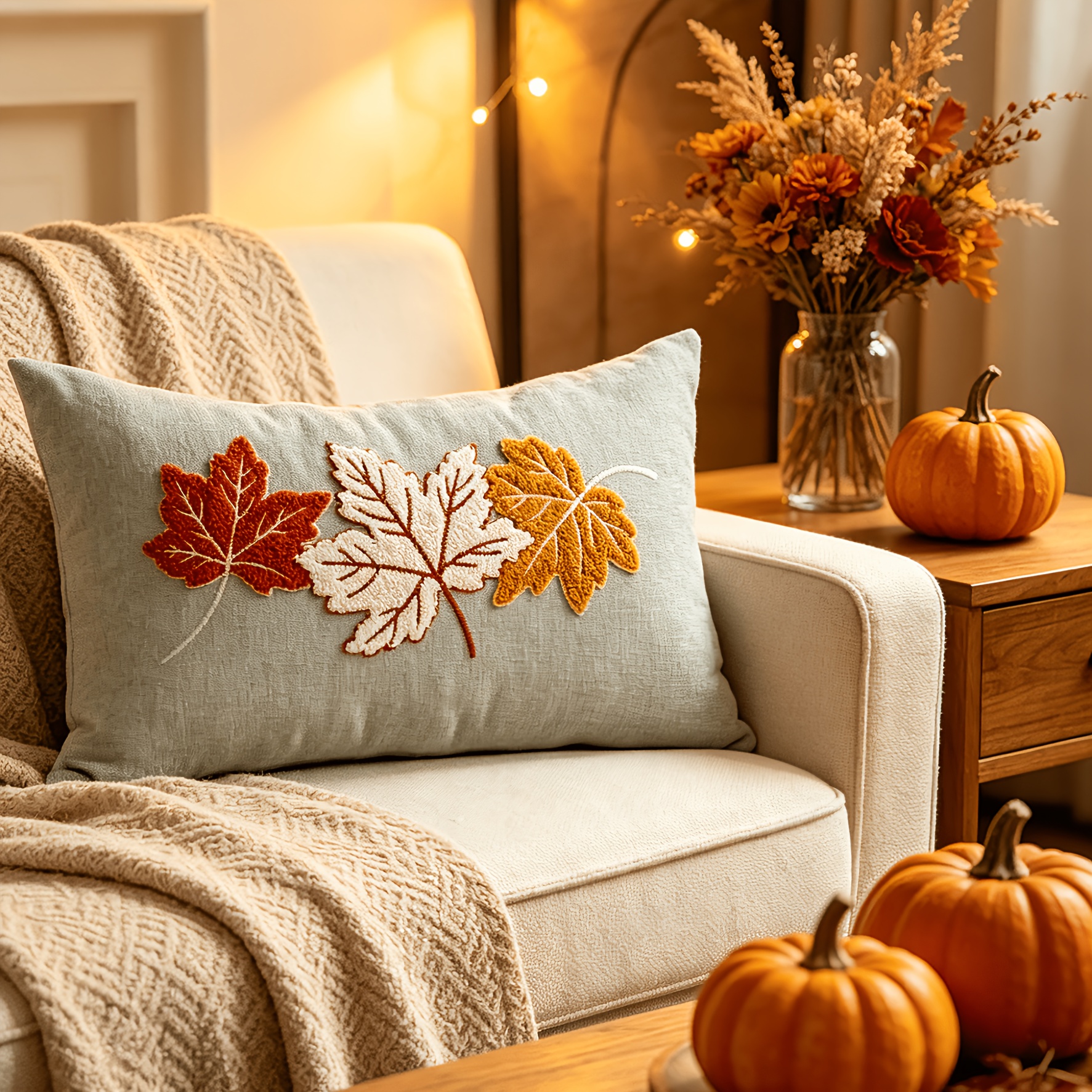 TEMU 1pc Autumn Pillow Covers Embroidery Pumpkin Maple Leaf Fall Decor Pillowcase Autumn Thanksgiving Decorations Outdoor Throw Pillow Covers