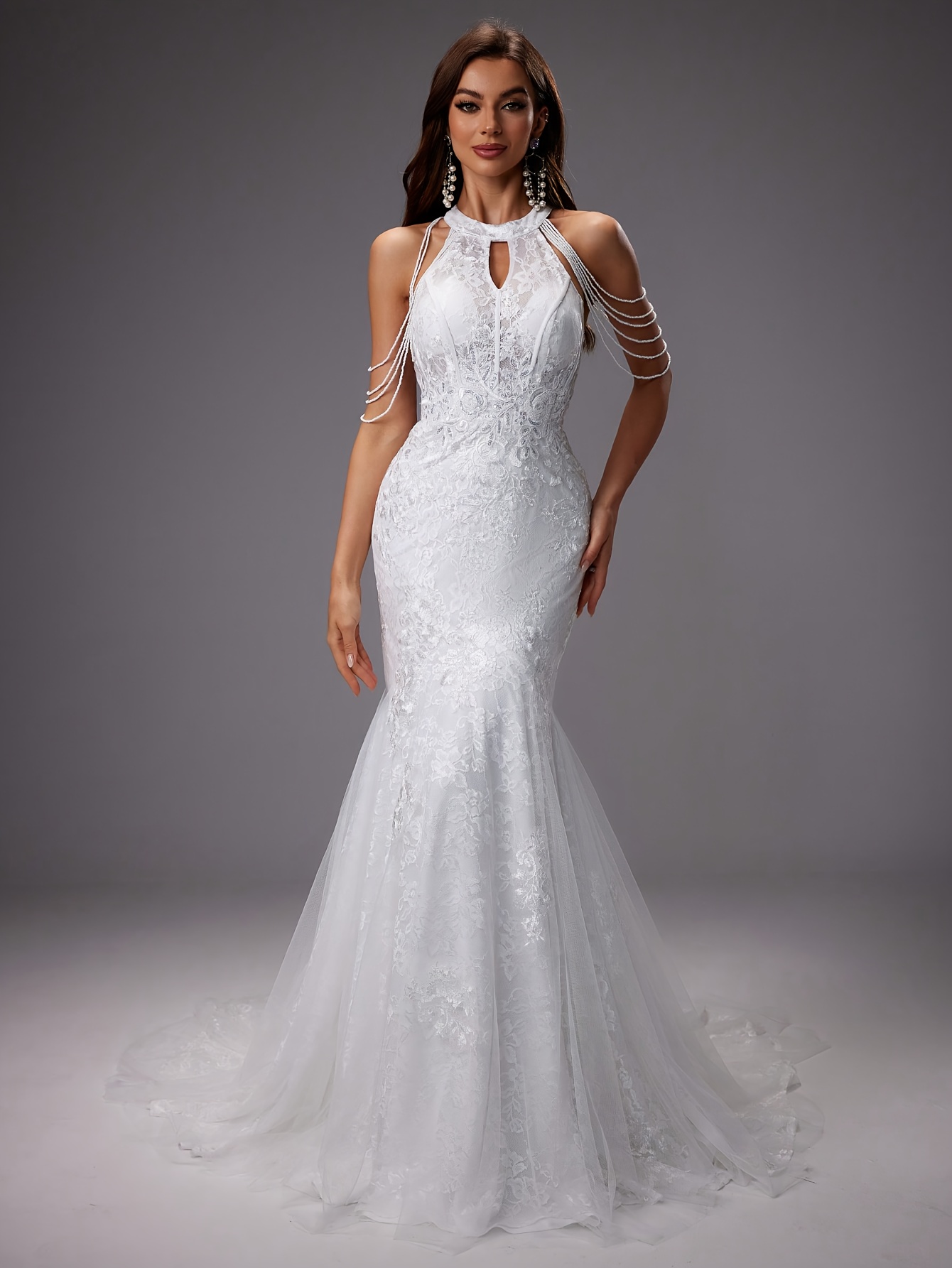 chinese dress ladies Davinci Bridal 50460 Satin Mermaid Wedding Dress Sheer Lace High Neckline Long Sleeve 10 / White main image 1