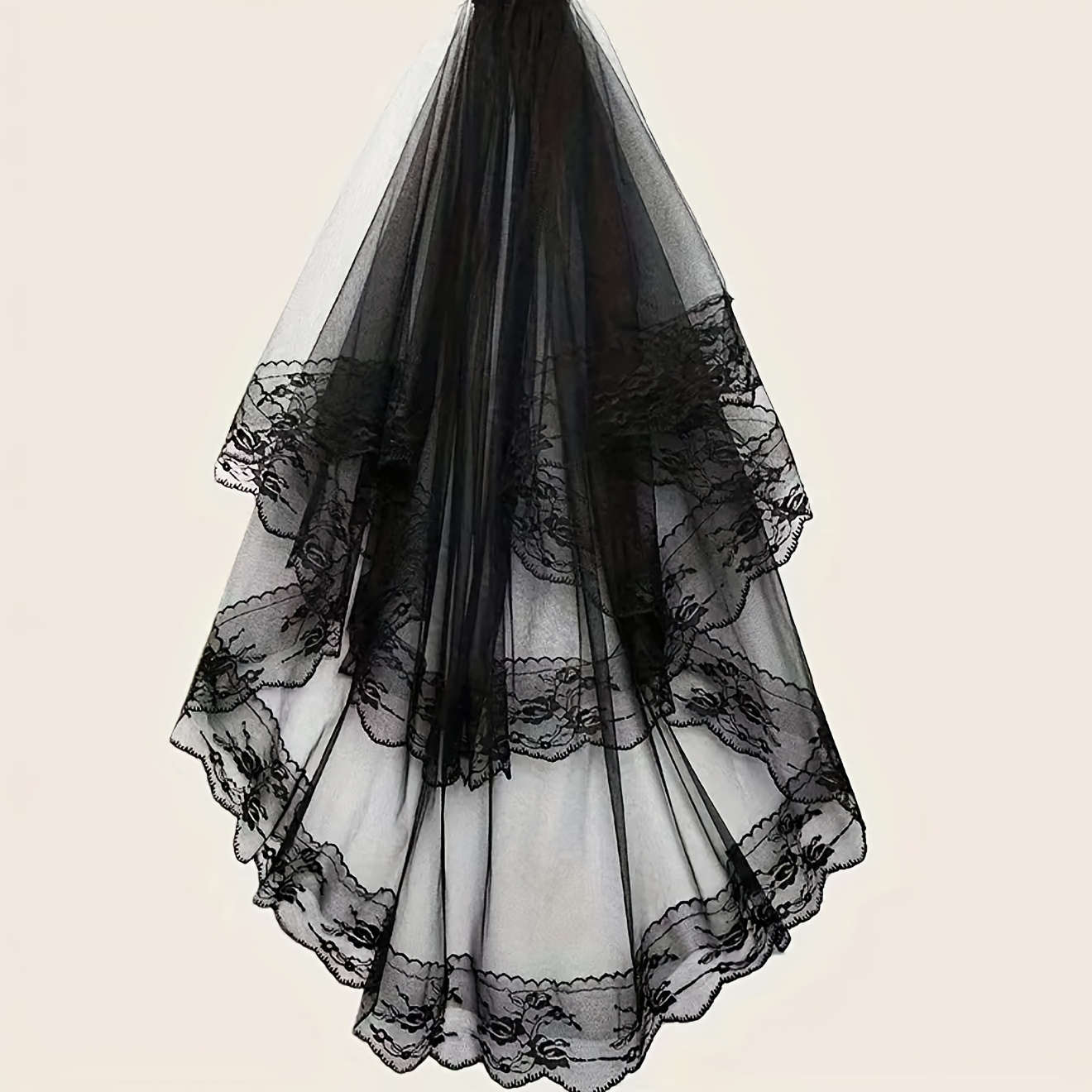 TEMU Halloween Influencer-style High-value Black And White Vintage Lace Bridal Veil Hair Accessory, Fashionable, Elegant, High-quality, Prop, Long