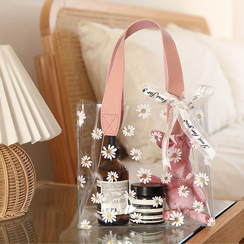 1pc Small Daisy Printed PVC Transparent Tote Bag Style Christmas Holiday  Gift Bag, Wedding Gifts, Holiday Gifts, Travel, Shopping, White Tote G