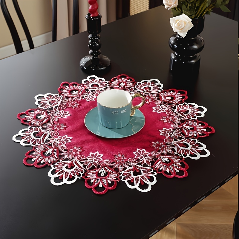 

Round Polyester Place Mat With Embroidered Red And White Lace - Machine Washable, Woven Kitchen Table Mat For Home Decor, Holidays, Parties, And Weddings - 19.7 Inches Diameter