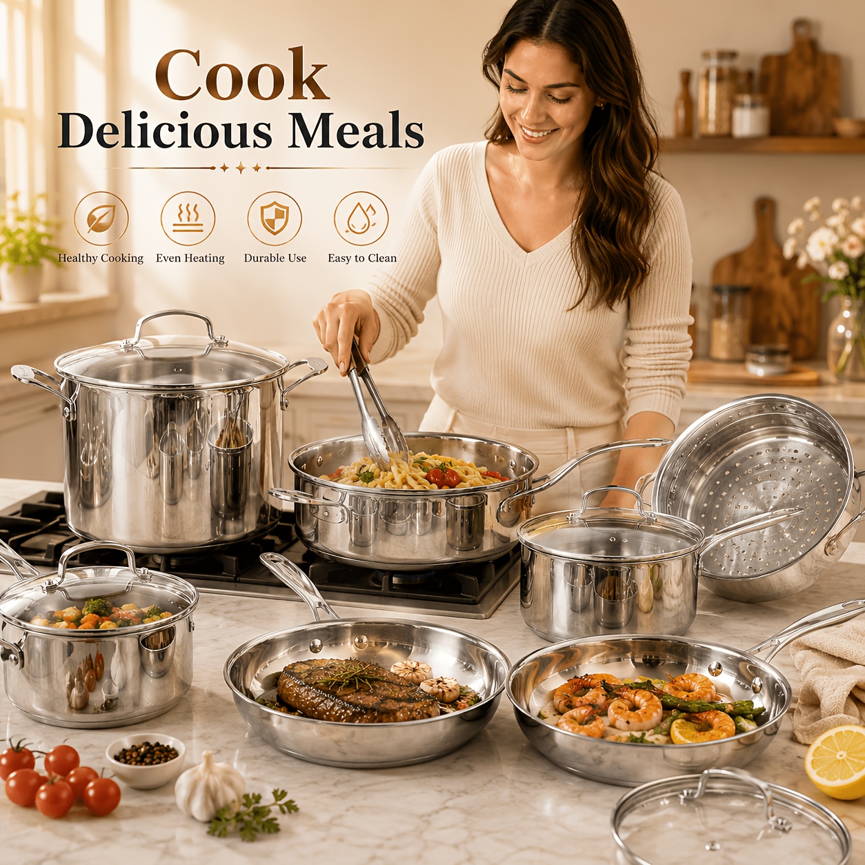 11pcs Stainless Steel Pots And Pans Set, Non-Toxic Kitchen Cookware Set with Glass Lids, Induction Compatible Cooking Set, Aluminum Core Fast Even Heating, Cool Touch Handles, Dishwasher Safe for Daily Cooking, Family Kitchen Essentials