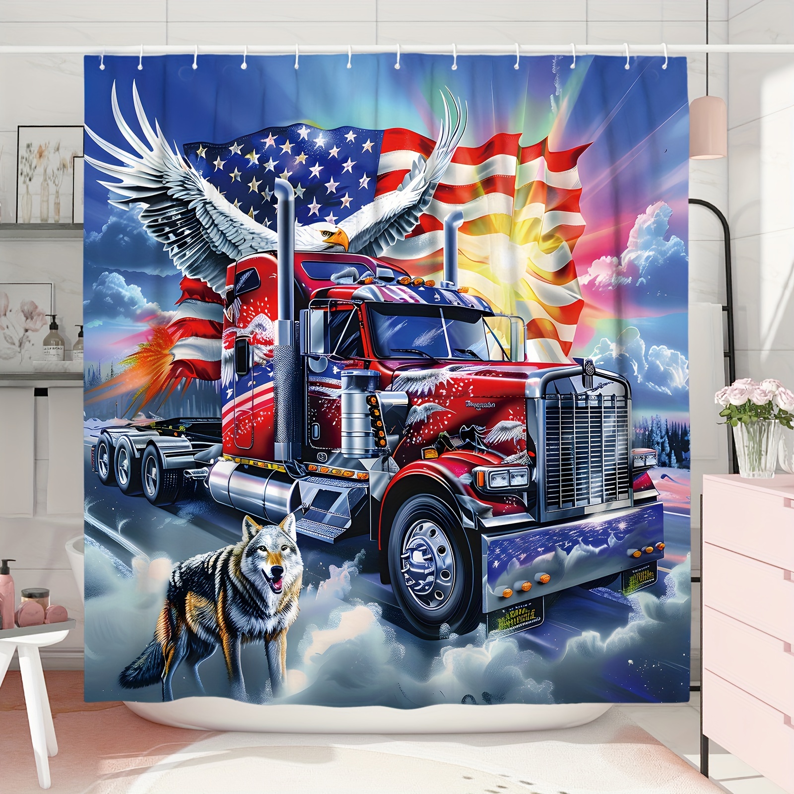 

American Flag Eagle & Truck Polyester Shower Curtain With Animal Print - Patriotic Independence Day Decor, Water-resistant, Unlined, Includes Hooks, All-season, Woven, Machine Washable - 71x71 Inch