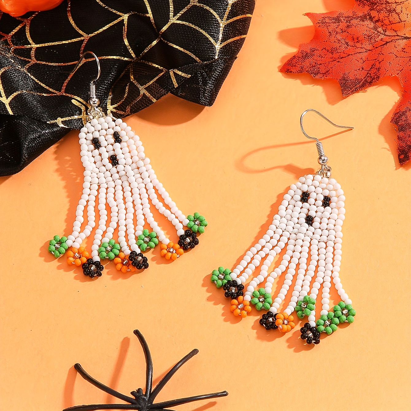 Halloween Handmade Beaded Tassel Earrings, Festive Fun