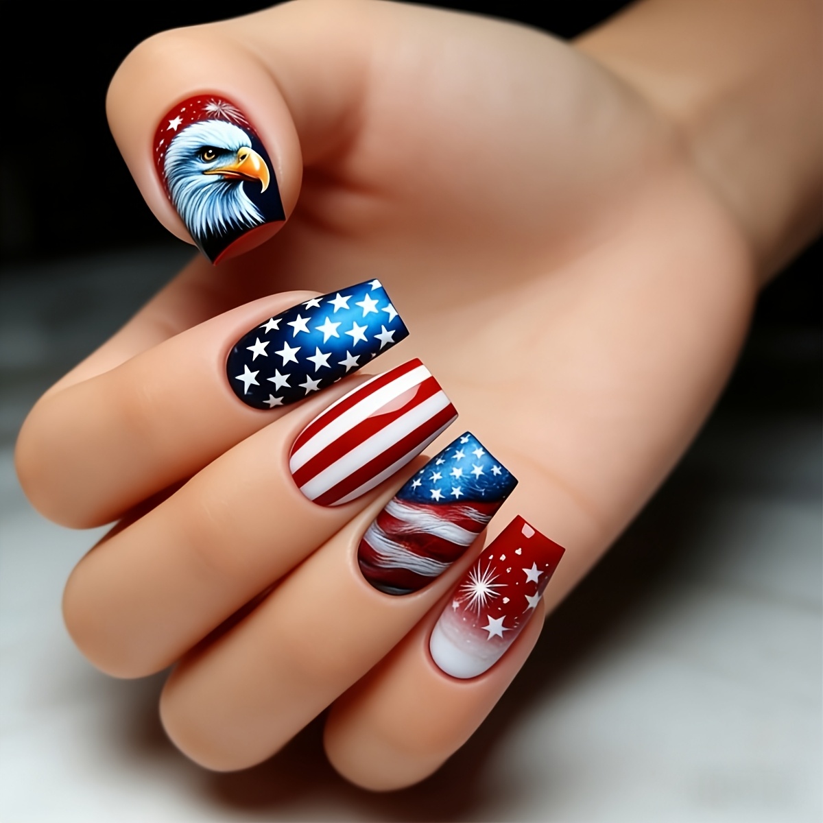 TEMU 24pcs Set Of Medium-sized Square Full-coverage Glossy Artificial Nails Featuring A Bald Eagle And American , Red, White, And Blue Patriotic