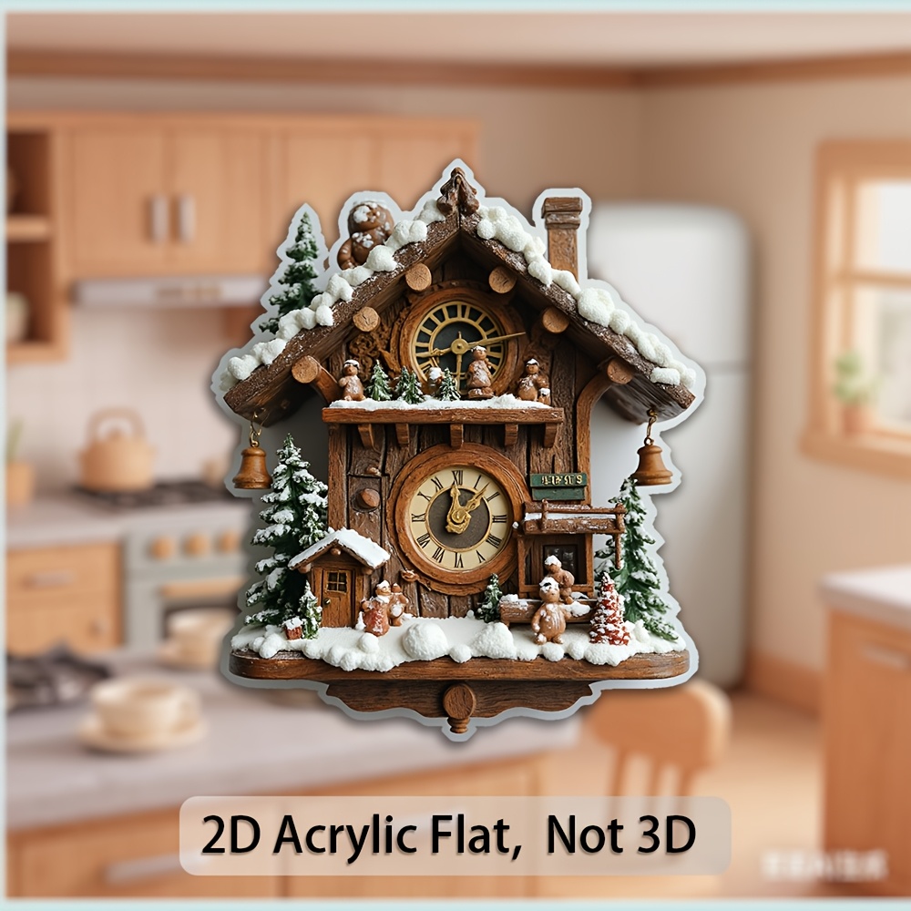 TEMU 1pc Vintage German Clock Magnet - 2d Flat Acrylic Refrigerator Decor With Movable Bird Door And , Snow-capped, Bell, And - Winter Kitchen And