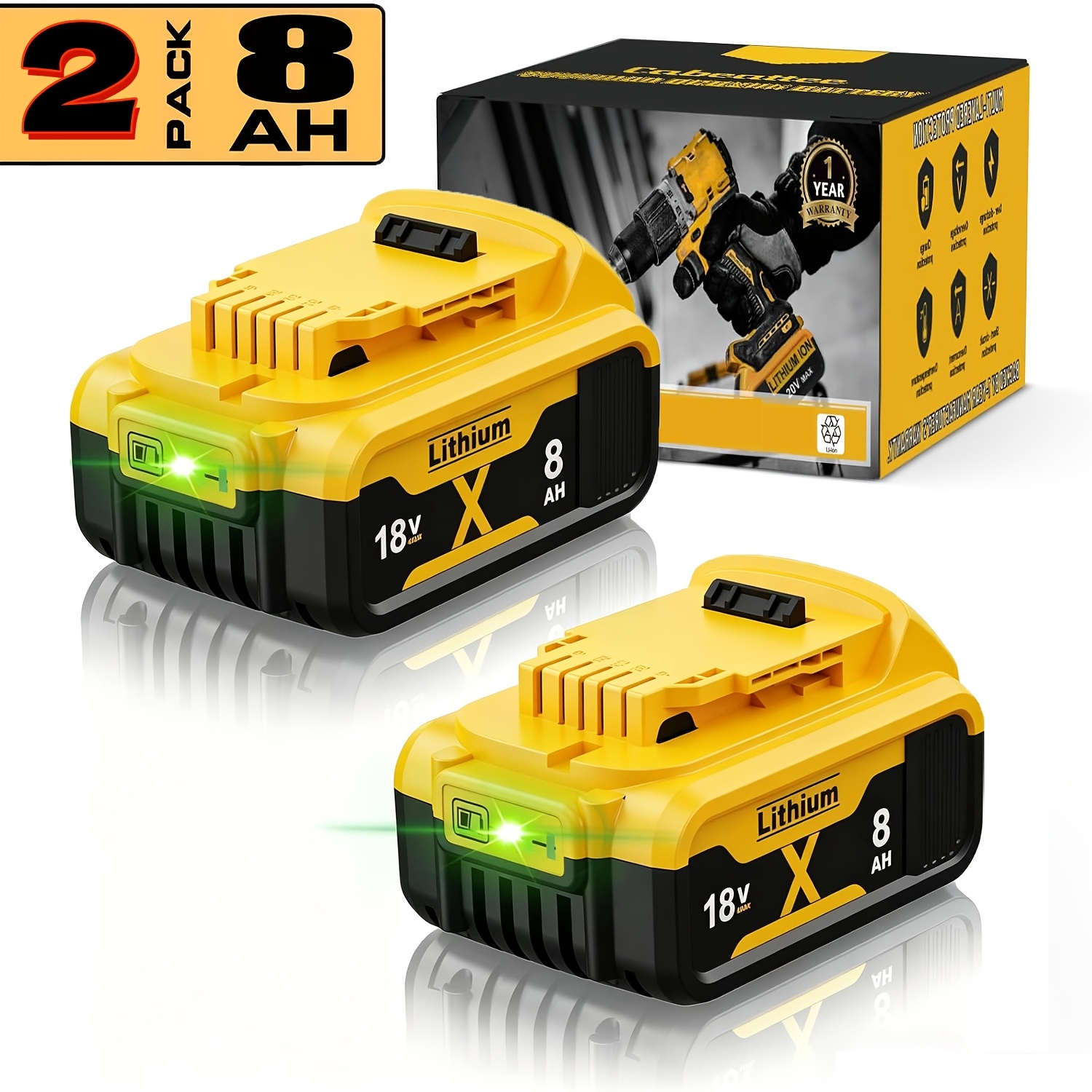 2-packs 18v 8000mah Li-ion 18v Compatible For Dcb200 Dcb180 Dcb181 Dcb201 18v Batteries With Led