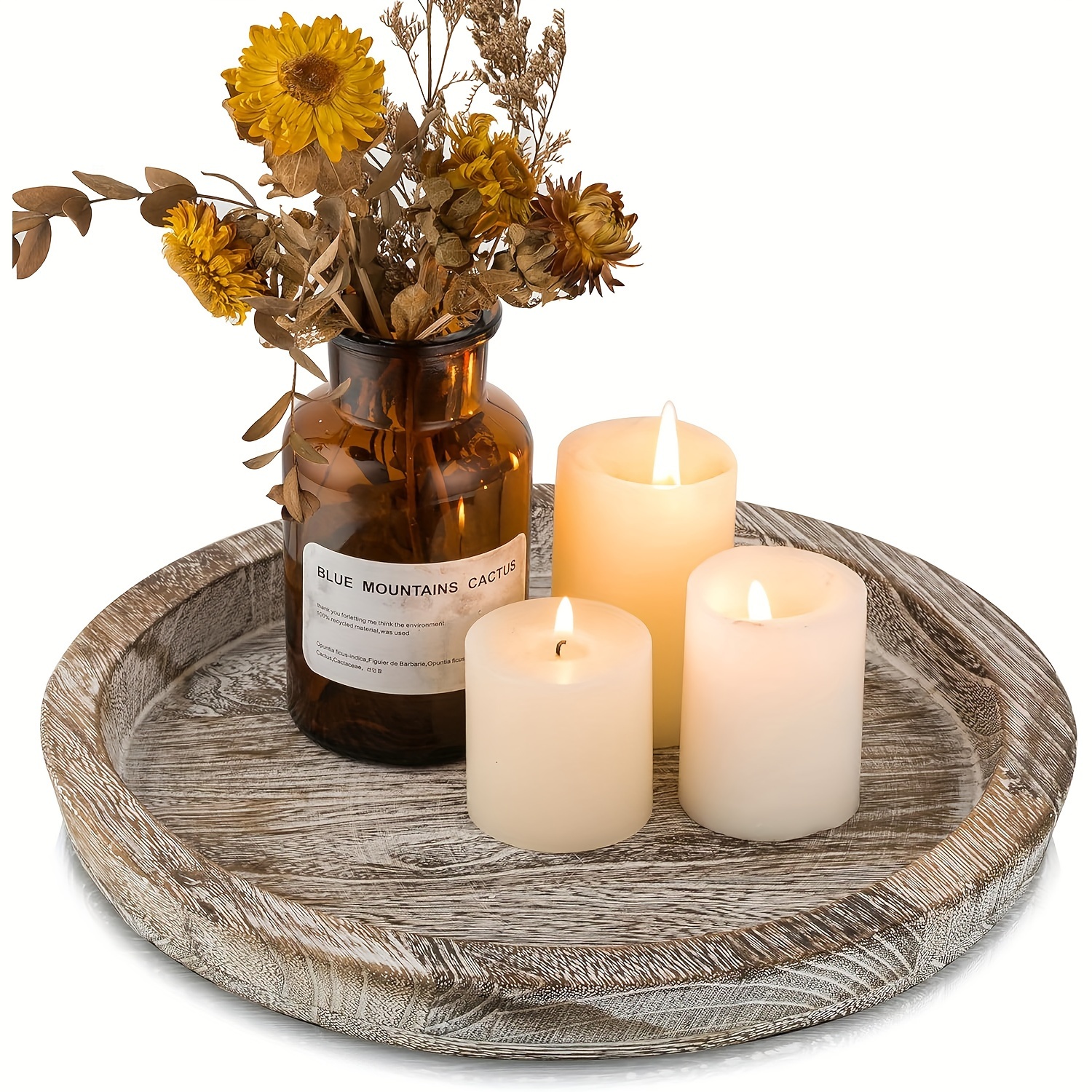 Image of 1pc 11-inch Round Wooden Decorative Tray Small Farmhouse Table Centerpiece Rustic Wood Plate For Home Decor Wedding Party Halloween Christmas Easter (non-food Contact)