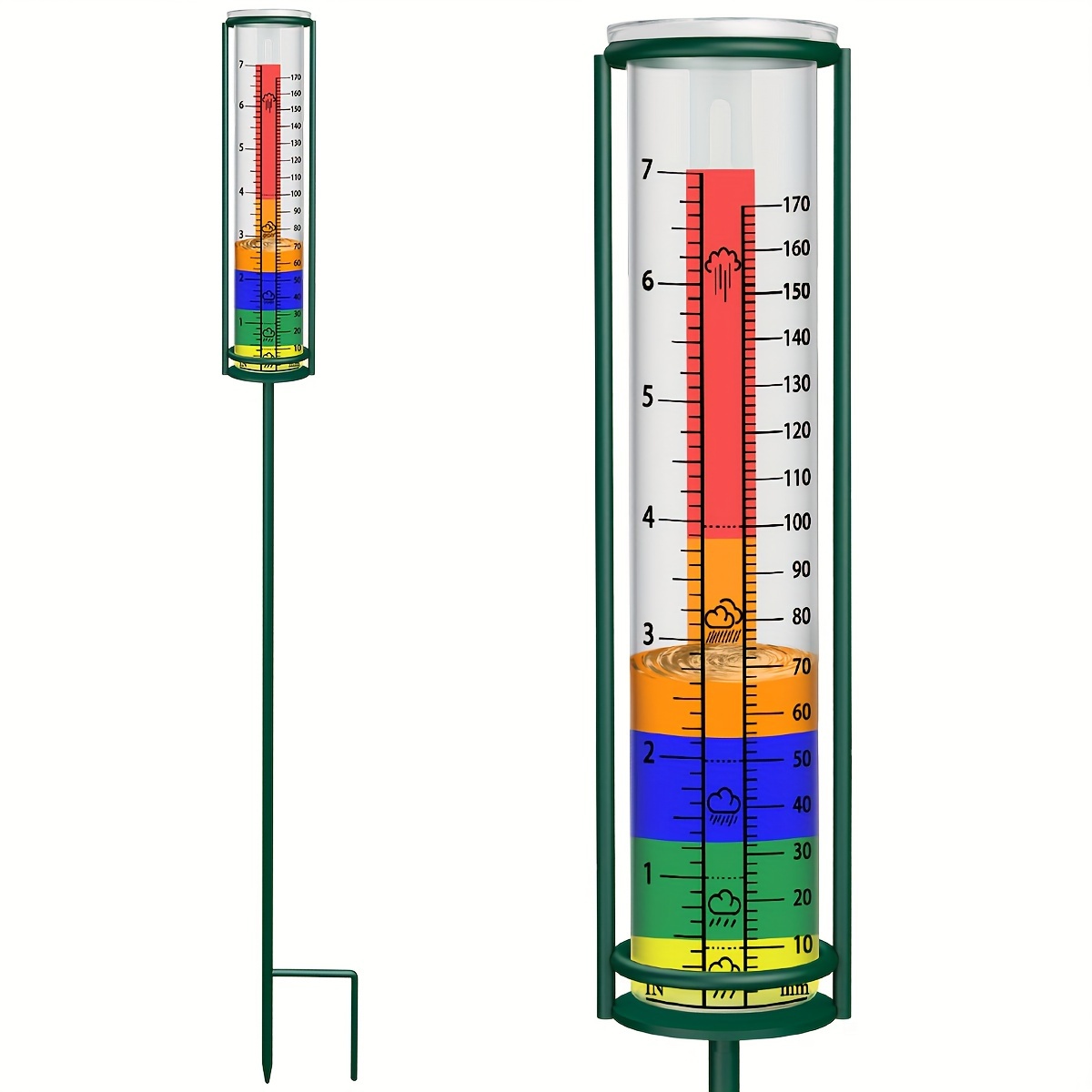 

Gauge With Colored Background Strip, 7" Capacity Easy To Read Outdoor Best Rated Metal Rain Guage With Stake For Garden Patio Yard Art Decorations