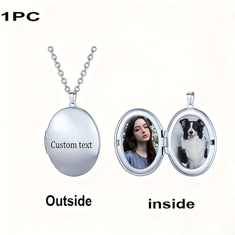 TEMU Custom Photo Necklace Stainless Steel Personalized Photo Locket Necklace Oval Shape Engraved Text Anniversary Jewelry Birthday Gift For Mom