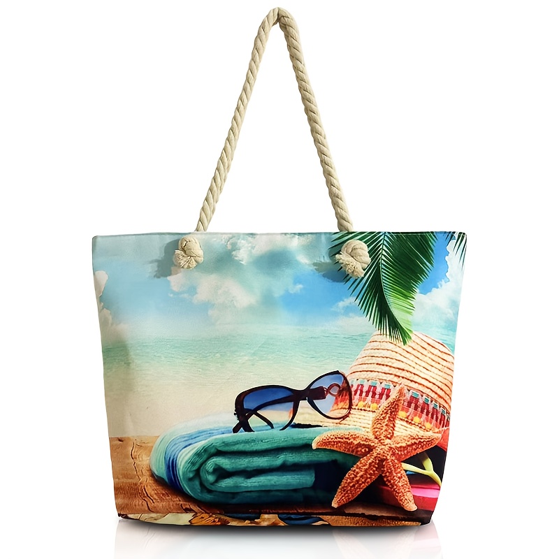 Seaside Resort Style Women's Large Capacity Beach Bag, Palm Tree Starfish Print, Durable High-quality Rope Tote Shoulder Bag, Suitable For Seaside Vacations And Daily Use