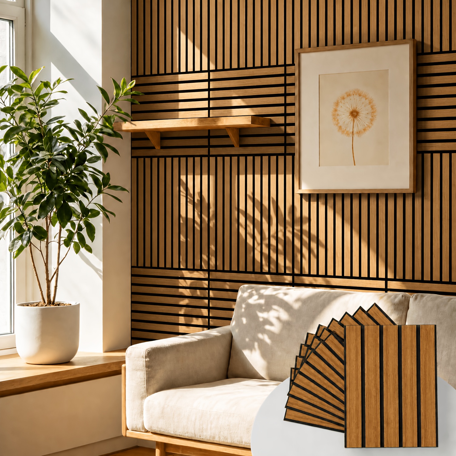 TEMU 12pcs Of 3d Wood Grain Peel-and-stick Decorative Sound-absorbing Panels, 19.7 In* 9.85in, Easy To Clean And Install, Suitable For Living Rooms,