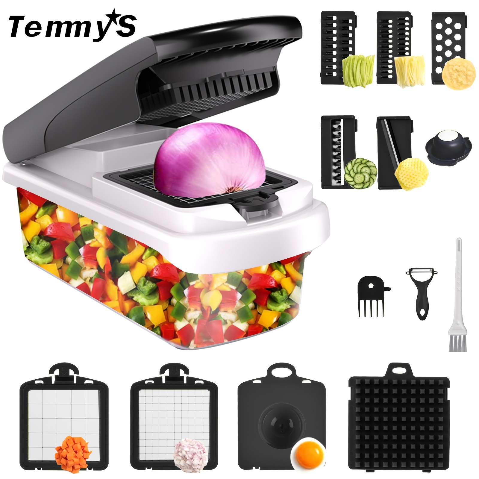 15-in-1 Vegetable Chopper And Slicer, Onion Dicer And Cutter, Multifunctional Food Chopper, 7pcs Vegetable Dicer, Tomato Cutter, Potato And Garlic Chopper, With Draining Basket And Peeler.