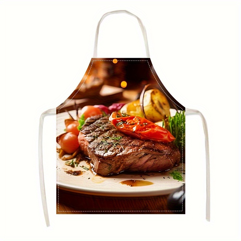 

1pc, Grilling Themed Linen Kitchen Apron With Steak Print, Bbq Design, Adjustable Chef Apron, Washable, For Cooking & Baking