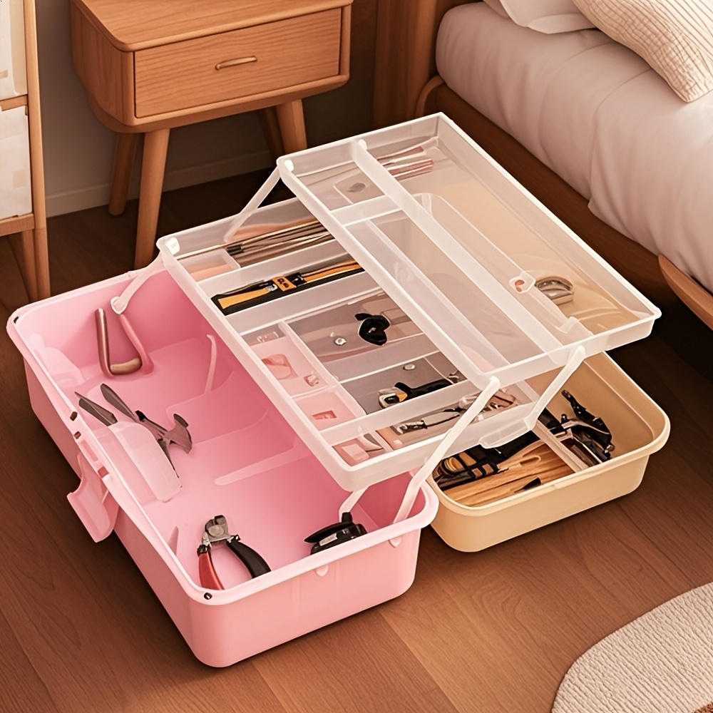 

1pc 3-layer Storage Box, Foldable, With Long Handle, Made Of Transparent Plastic, Suitable For Clothes, Small Objects, Cosmetics, And Art Storage Boxes, Foldable Storage Box, Under-bed Storage