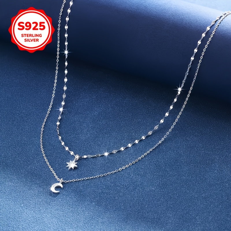 Women's S925 Silvery Double-Layer Star & Moon Pendant Necklace