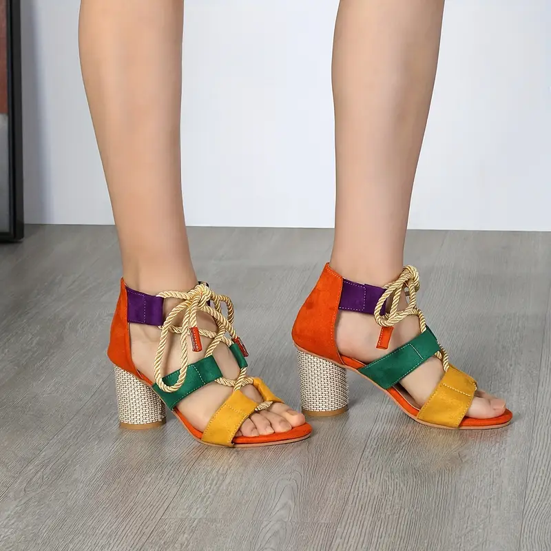 womens colorblock stylish sandals lace out versatile chunky heels breathable summer shoes details 4