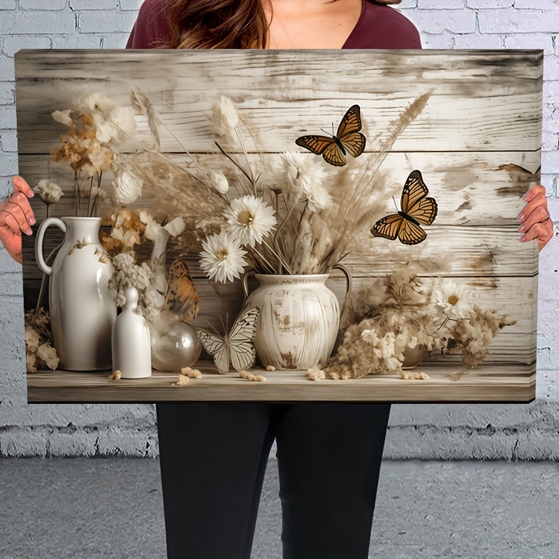 

1pc Wooden Framed Canvas Painting Flowers & Butterfly Wall Art Prints For Home Decoration, Living Room & Bedroom, Festival Party Decor, Gifts, Ready To Hang