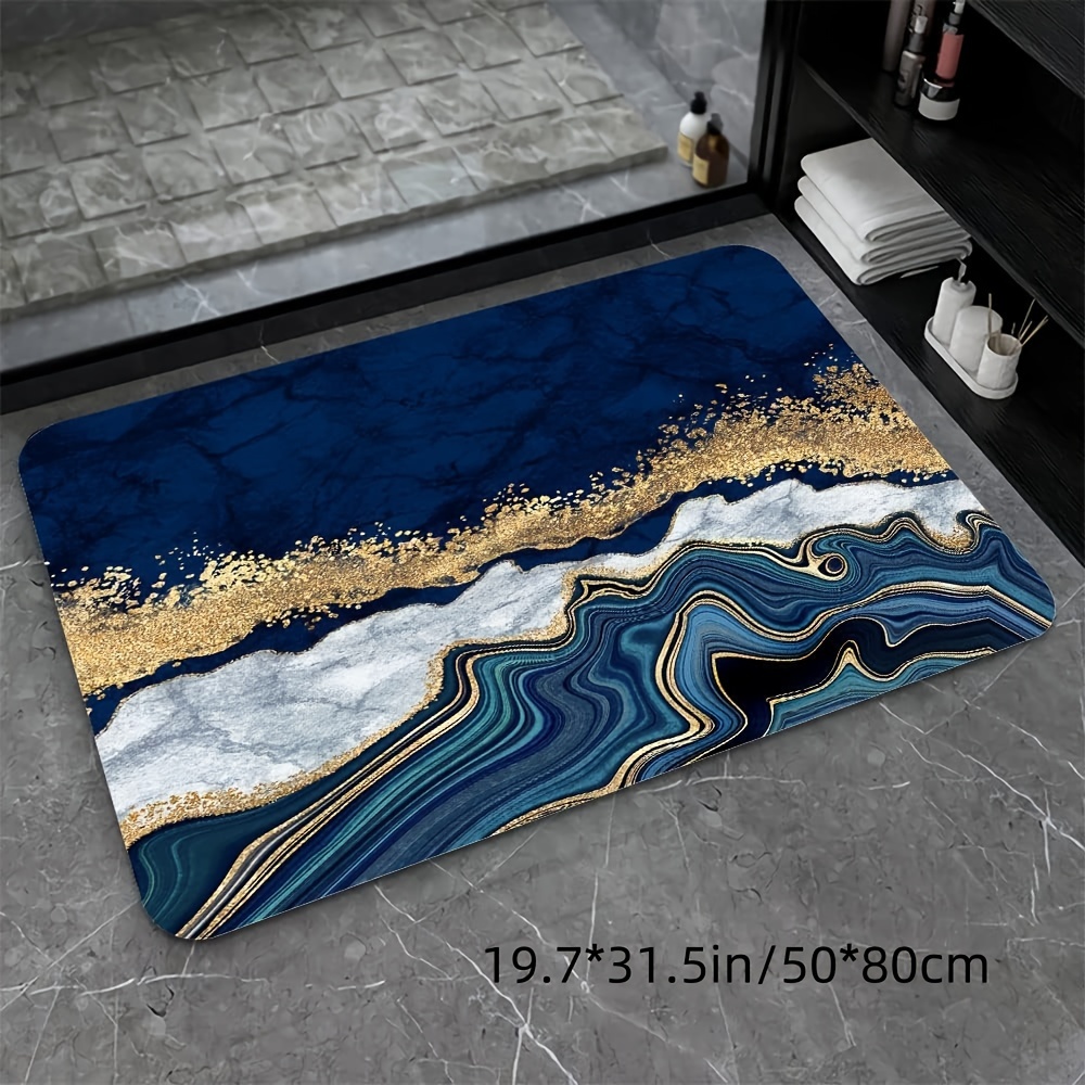 

Super Absorbent Diatom Mud Bathroom Mat, Blue Golden Marble Pattern Quick Drying Bathroom Floor Mat, Non-slip Bathtub Floor Mat, Easy To Clean, Simple Kitchen Door Mat For Hotel