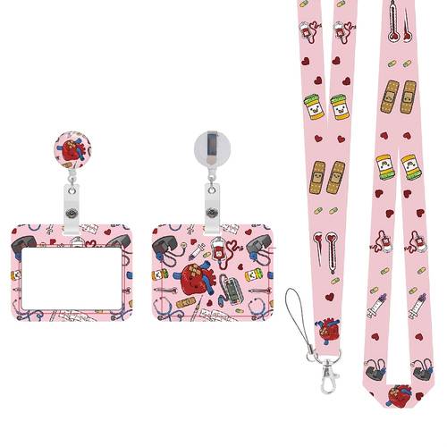 item picture 2d original worker id badge holder with detachable lanyard durable plastic key and card protector pink theme design with stethoscope white clip and roll function