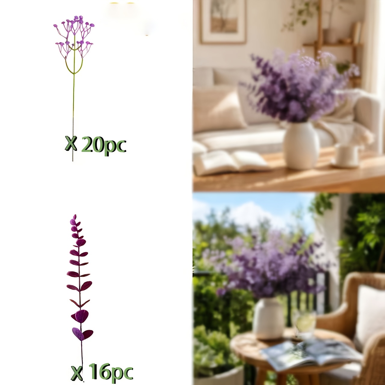 TEMU Set di combinazione di fiori artificiali da 36 pezzi, rami di eucalipto viola, rami di fiori finti viola 'S Breath, rami realistici con foglie ,