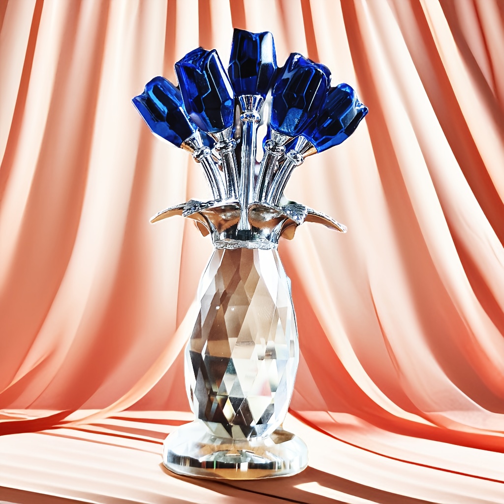 Crystal Tiger Lily Flowers With Vase Metal Stem Blue Lily Flower Collectible Gifts For Women, Glass Lilium Floral Figurines For Home Anniversary Party Decor