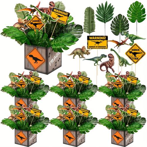 this set 6 dinosaur themed centerpieces for a party table featuring 6 dinosaur boxes 48 stick photo booth props made of paper and 36 tropical artificial plants for birthday decorations