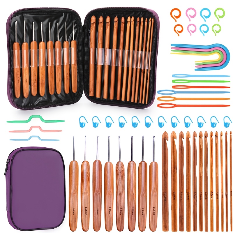 

20pcs Bamboo Crochet Hooks Set, Wooden Craft Knitting Needles, Ergonomic , With Markers And Carry Case, For Handicrafts