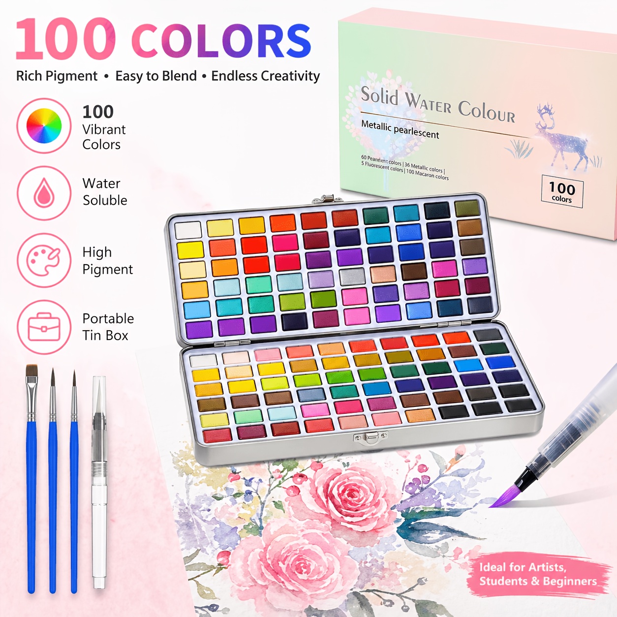 50/72/100 Colors Watercolor Set With Palette, Brush - A Portable Kit For Artists, Enthusiasts And Painting Lovers