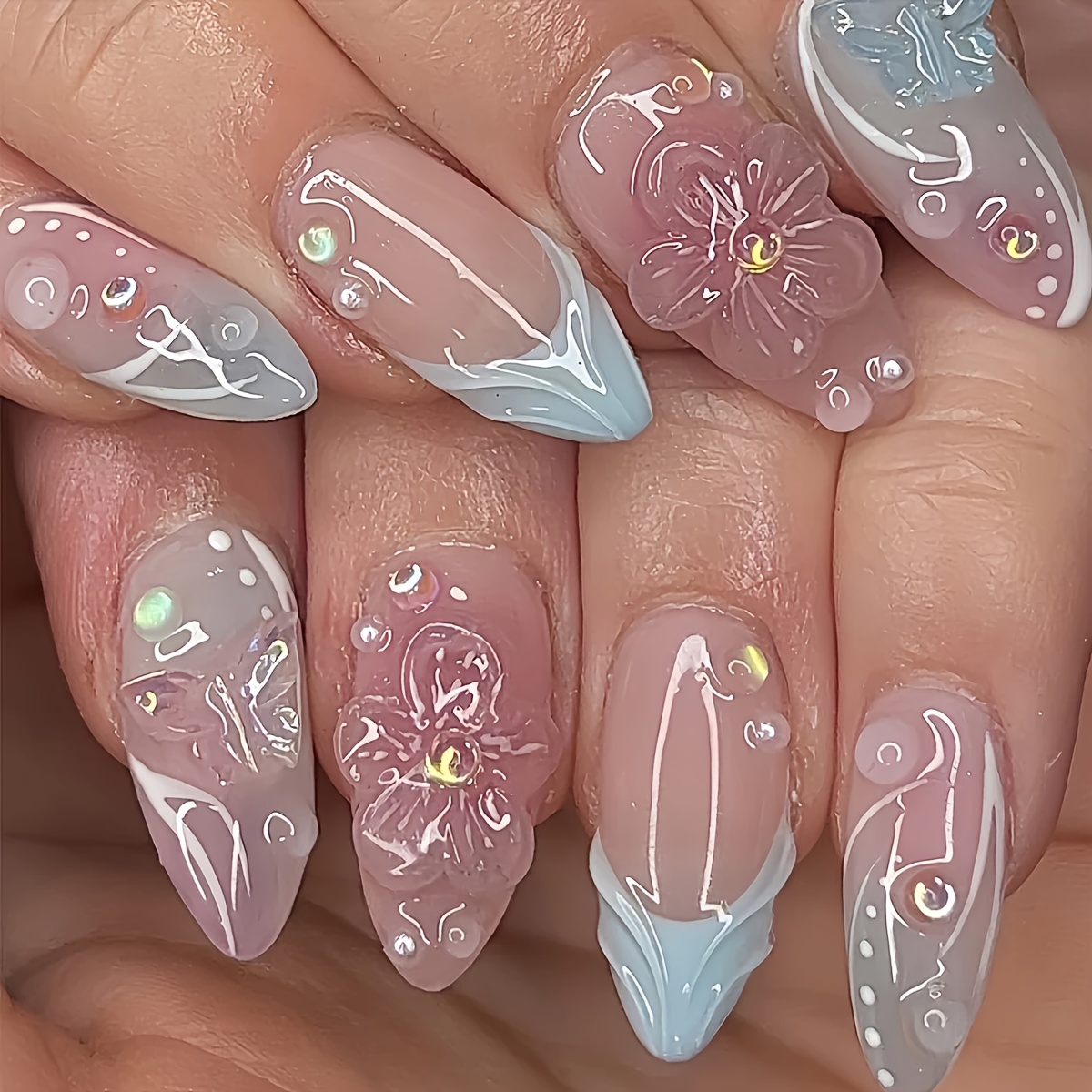 Image of Upgrade Your Look With 24pcs Almond-shaped Elegant And Minimalist 3d Floral False Nails. Suitable For All Women And S, The Box Includes Jelly Glue And A Nail File For Easy Application